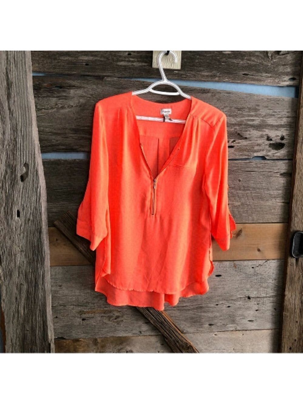 𝅺dynamite Size Med Neon Orange Semi-Sheer, Zippered Neck Blouse